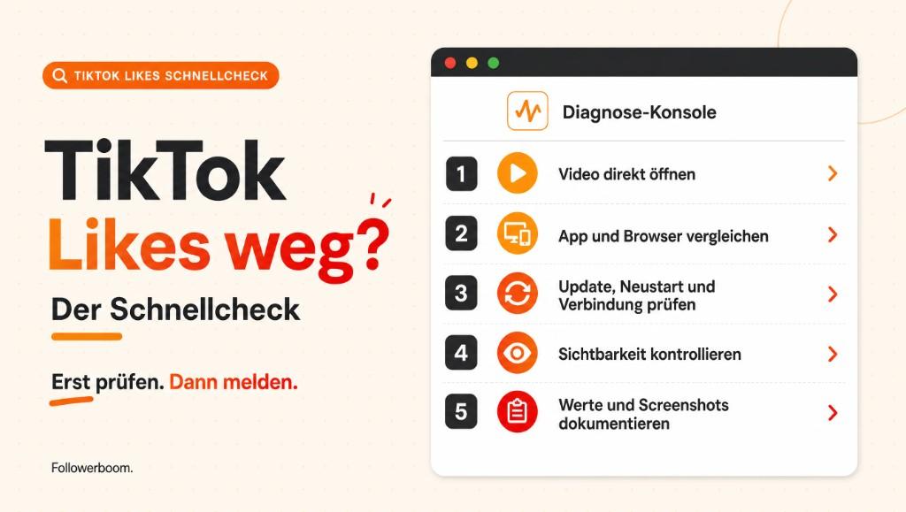 Fünf Schritte zum Prüfen verschwundener TikTok Likes: Video öffnen, Ansichten vergleichen, App prüfen, Sichtbarkeit kontrollieren und dokumentieren