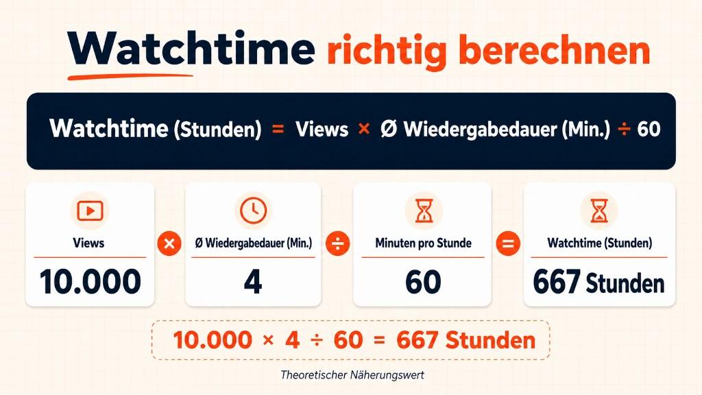 Watchtime-Formel mit 10.000 Views, vier Minuten Durchschnitt und 667 Stunden Ergebnis