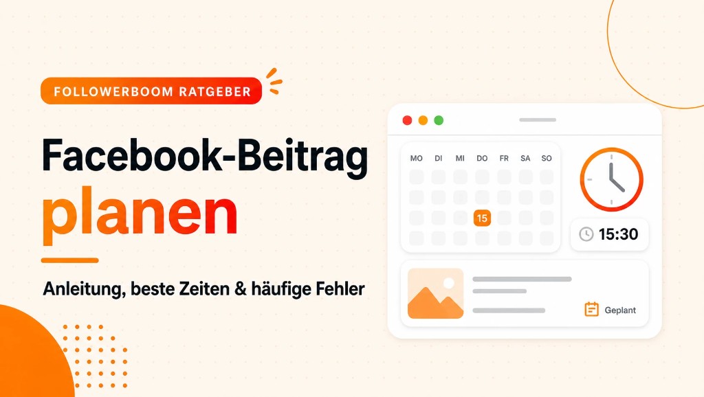 Followerboom-Ratgebergrafik zum Planen eines Facebook-Beitrags mit Kalender und Uhr